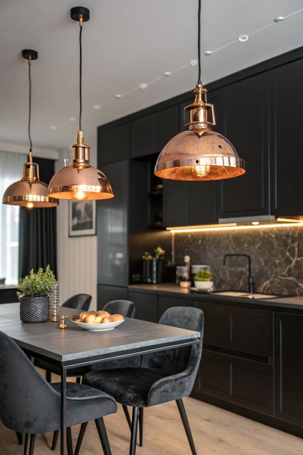 Copper lighting fixtures cast a warm, inviting glow in black kitchens.
