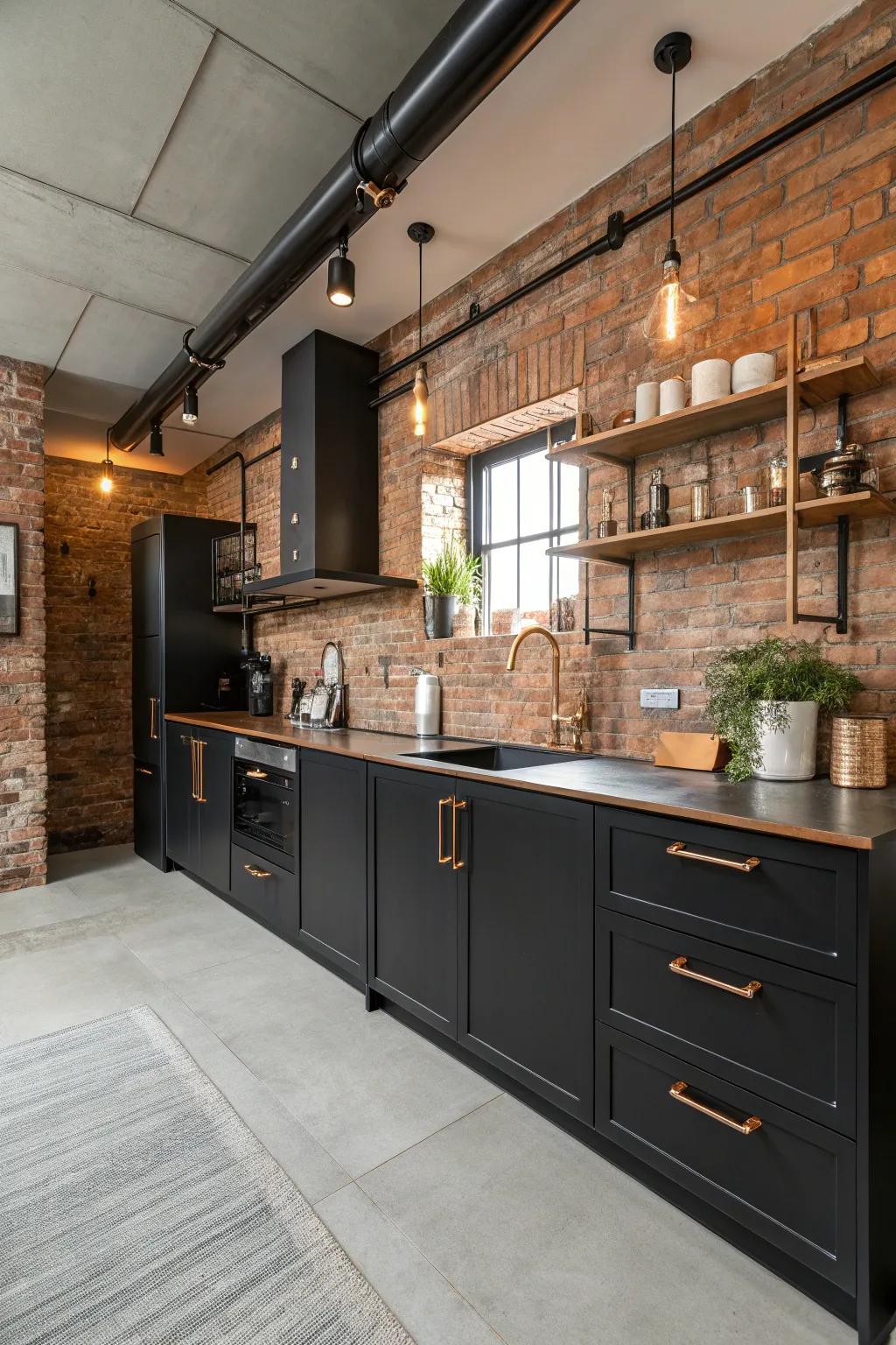 Industrial design elements add an urban edge to black and copper kitchens.