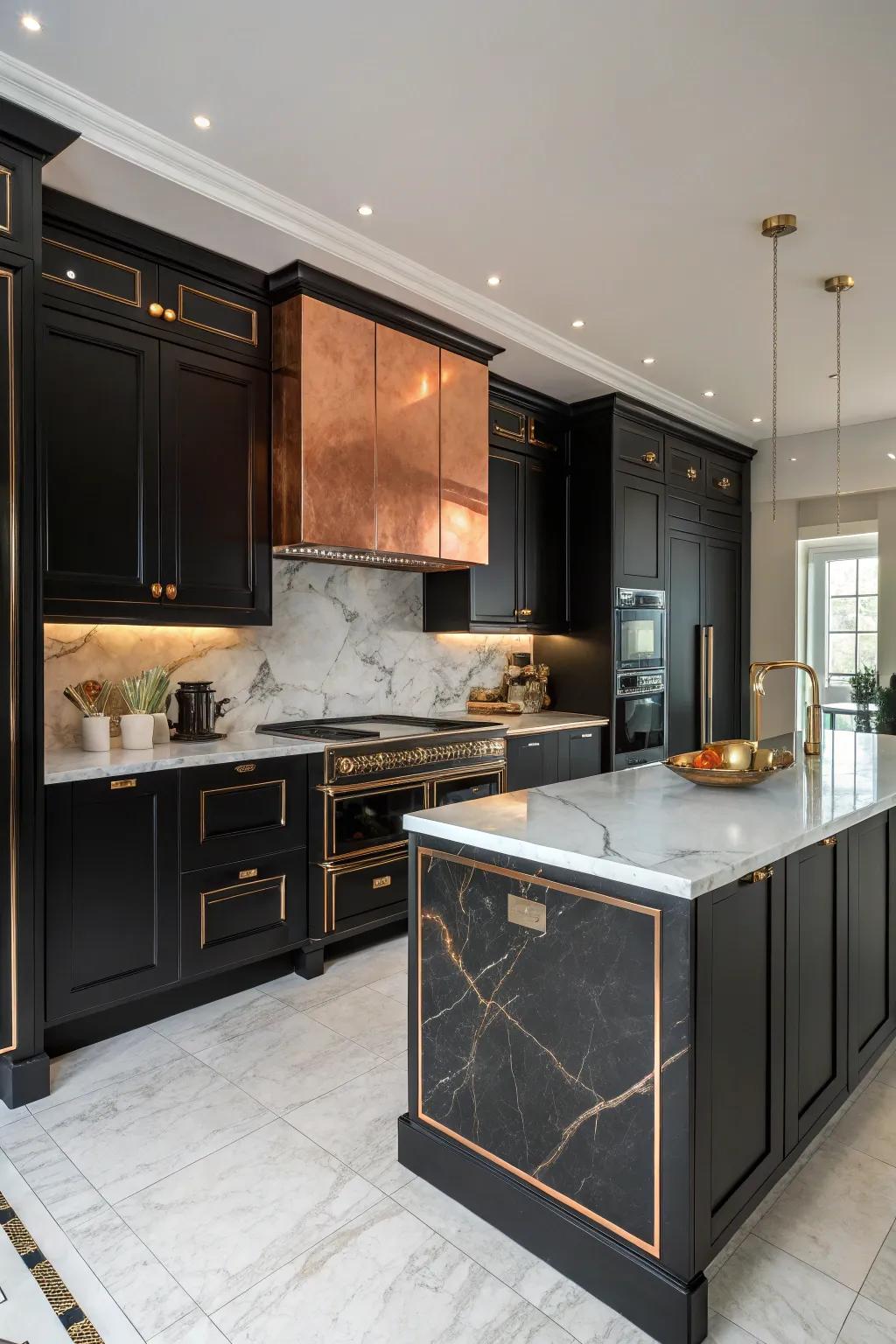 Copper countertops paired with black cabinetry create a lavish kitchen atmosphere.