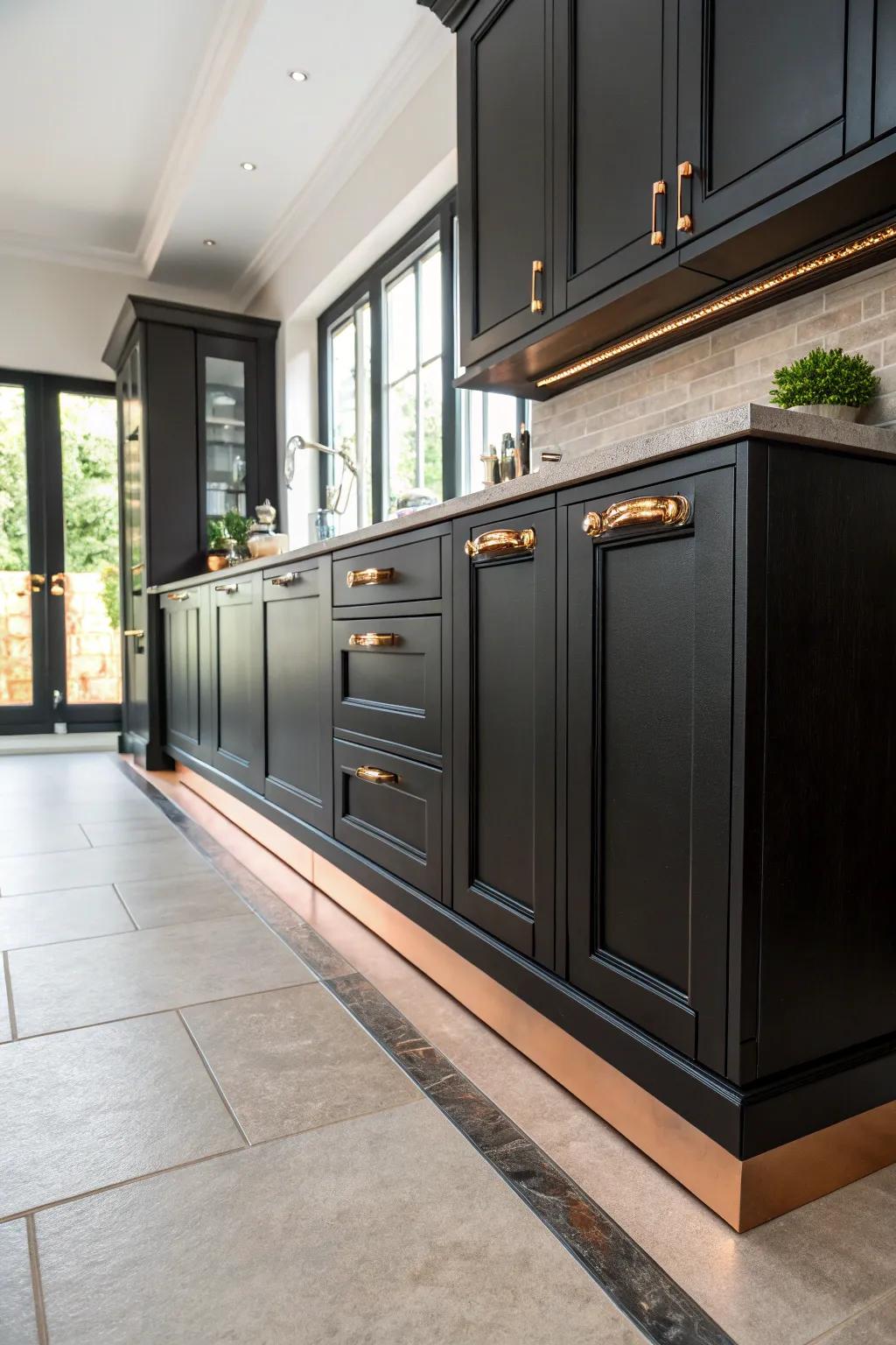 Copper plinths add understated elegance to the base of black kitchen cabinets.