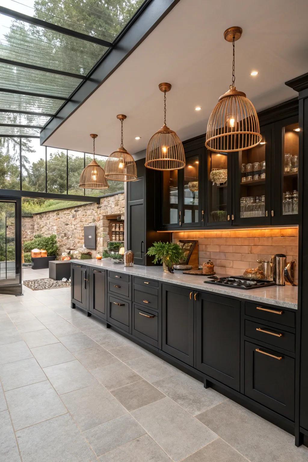 Copper accents enhance the openness and flow of modern kitchen layouts.