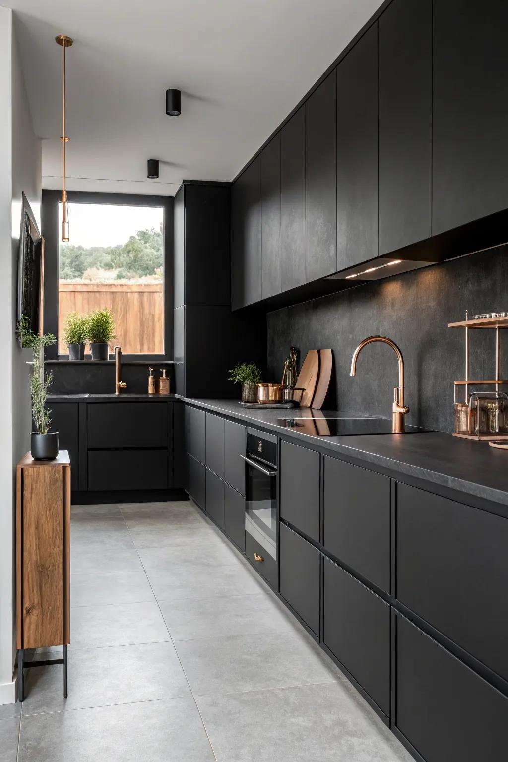 Minimalist kitchen design accented with copper for a sleek, modern look.