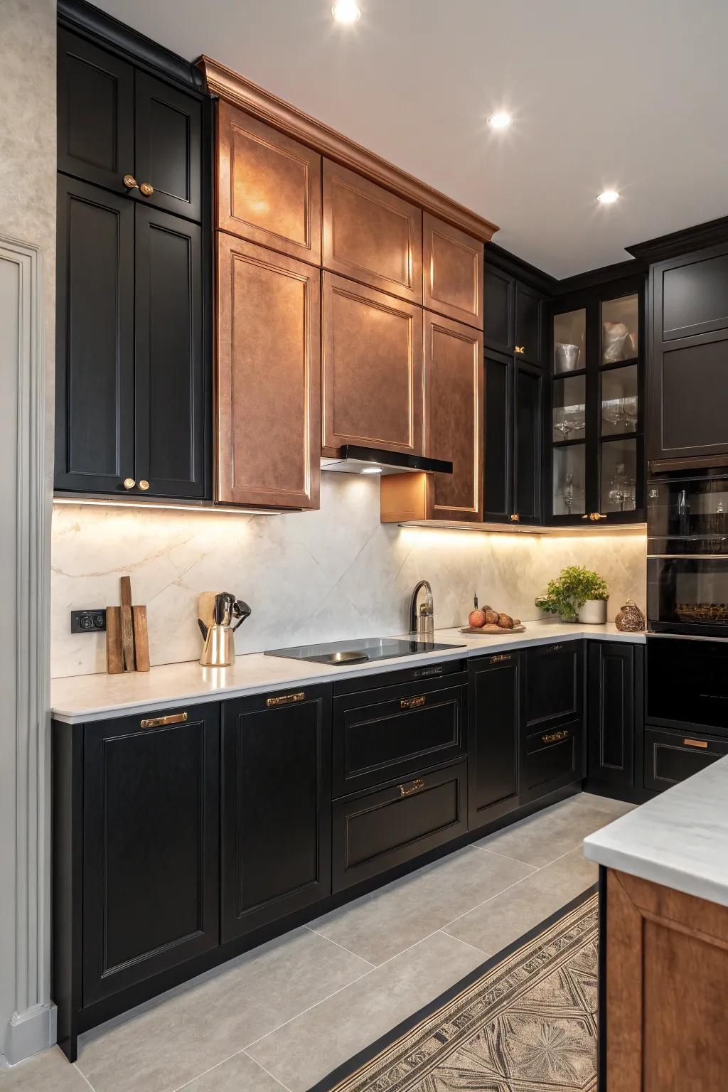 Combining black and copper cabinetry creates a bold and dynamic kitchen design.