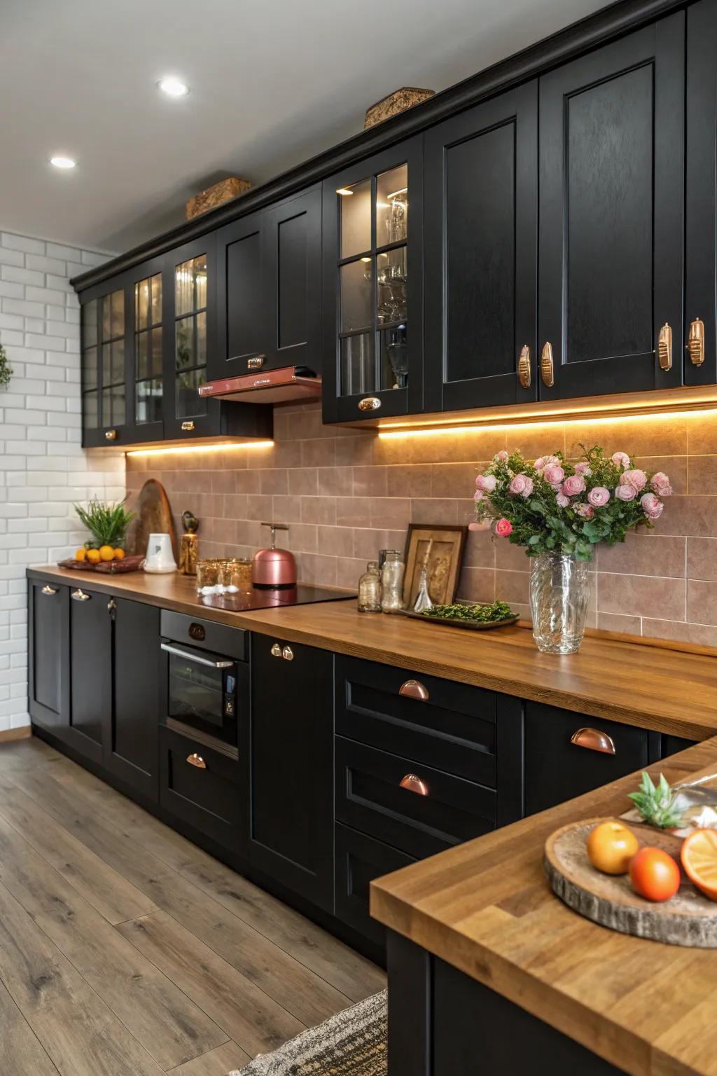 Wood and copper elements create a cozy contrast in black kitchens.