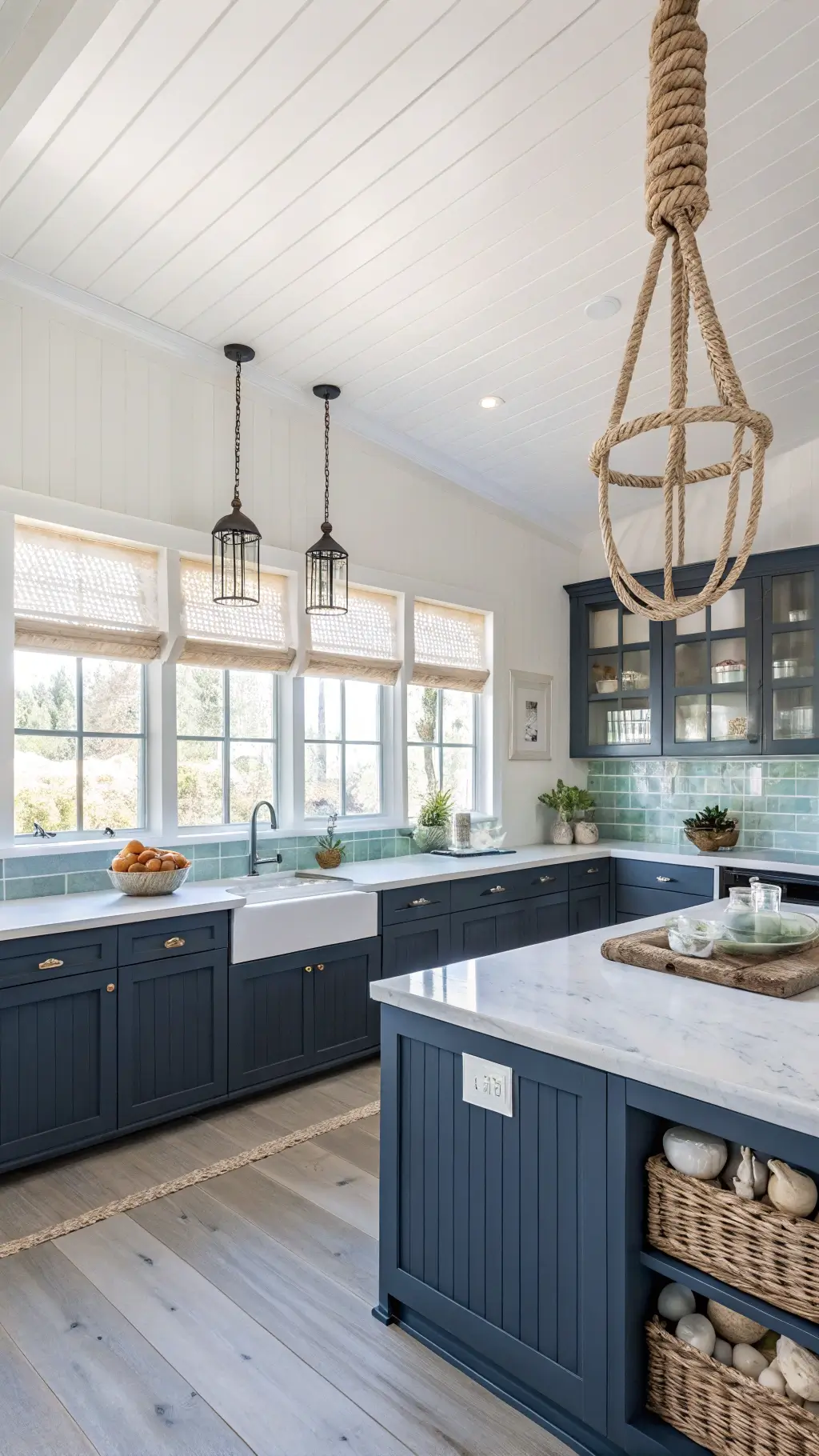 Modern kitchen with navy blue cabinets and brass accents