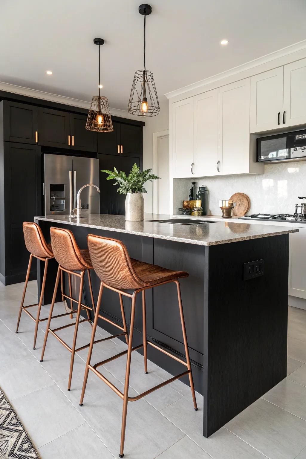 Copper bar stools add a stylish accent to black kitchen islands.
