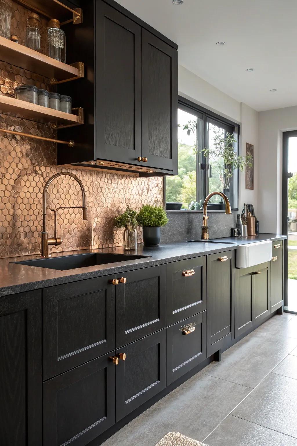 Mixing smooth black surfaces with textured copper adds dimension to kitchens.