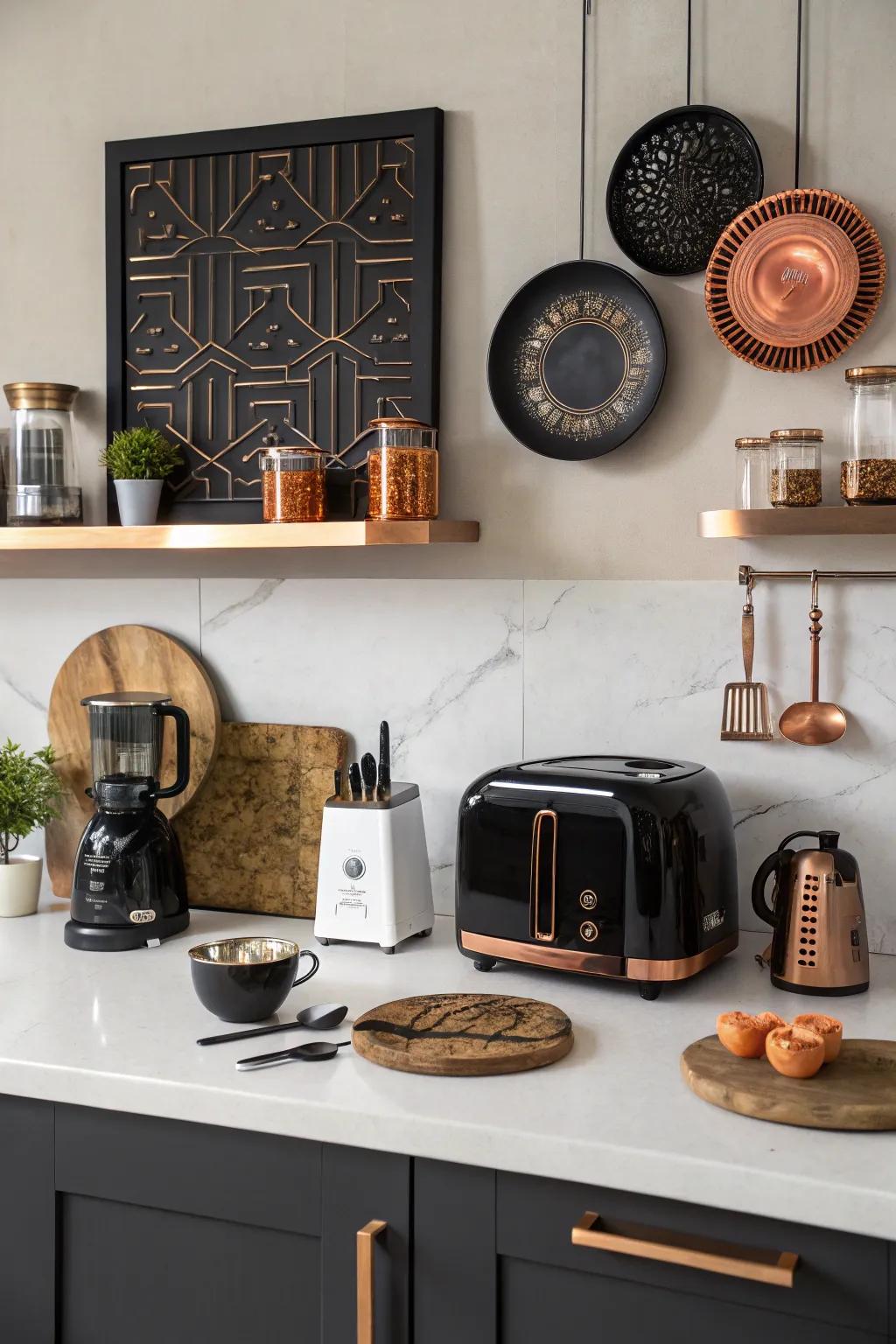 Black and copper accessories harmonize kitchen decor with subtle elegance.