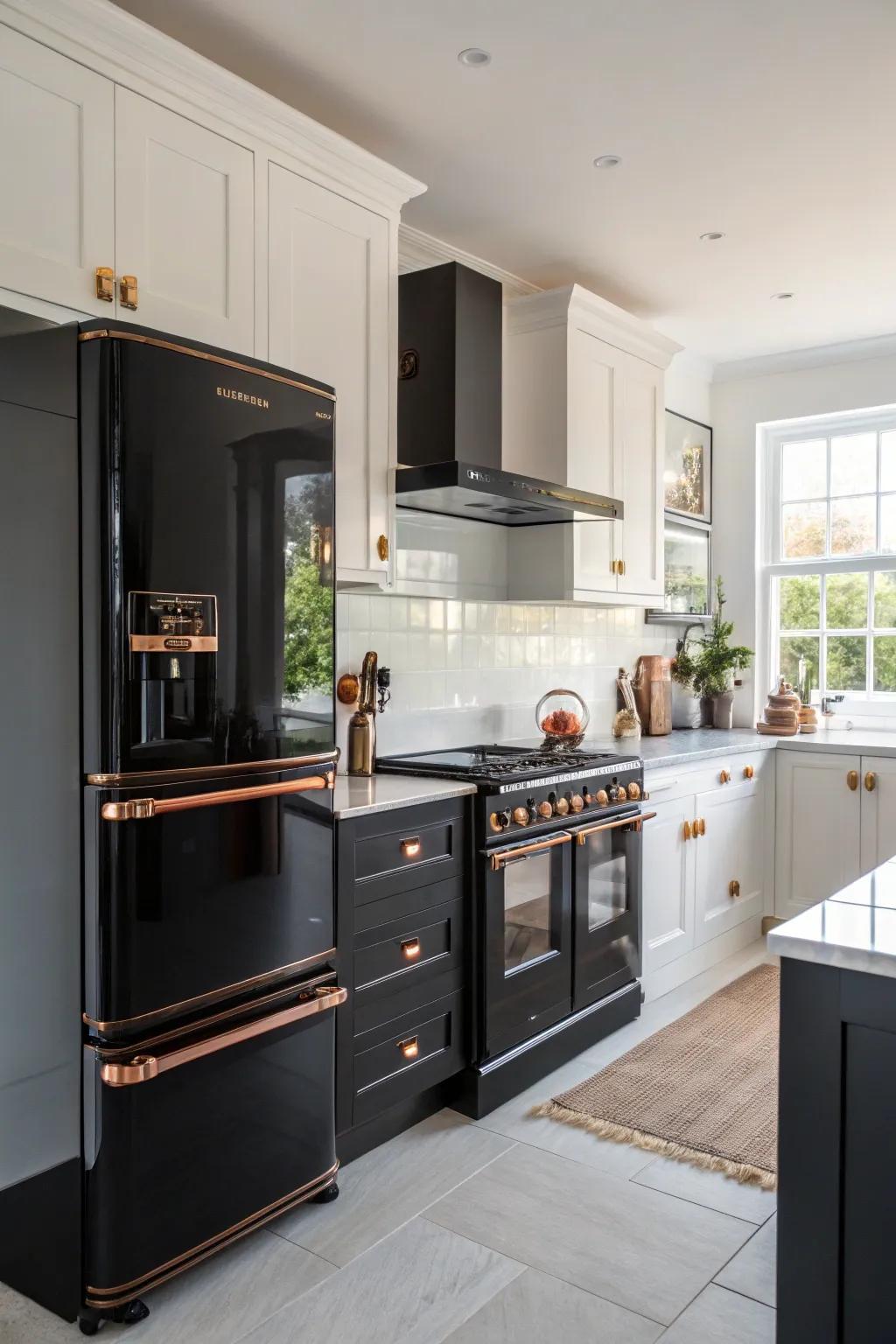 Appliances with copper trims create a cohesive black and copper kitchen design.