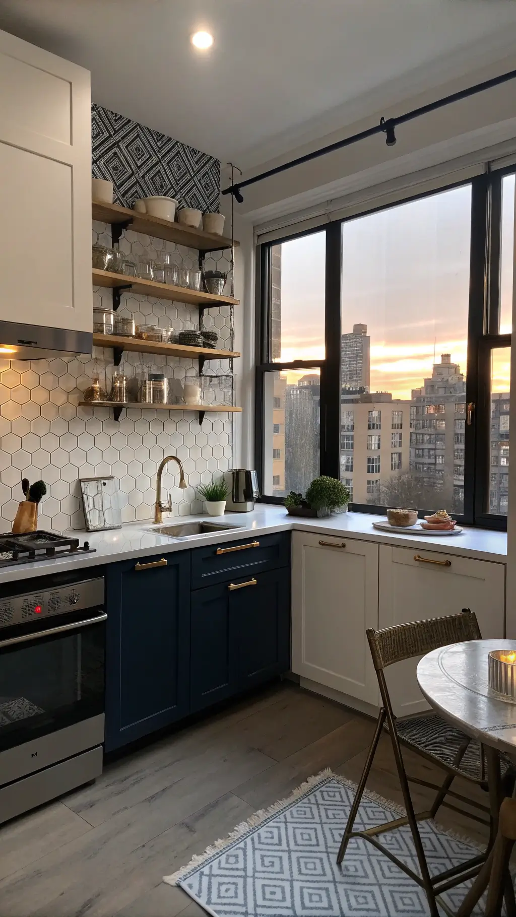 Industrial style kitchen with navy cabinets