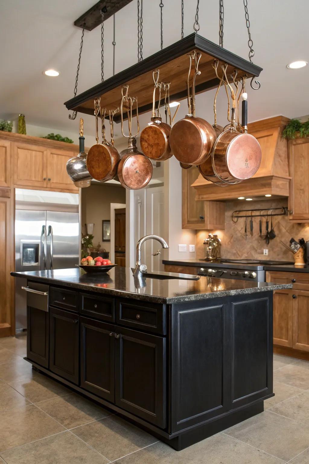 Hanging copper pot racks combine rustic charm with kitchen practicality.