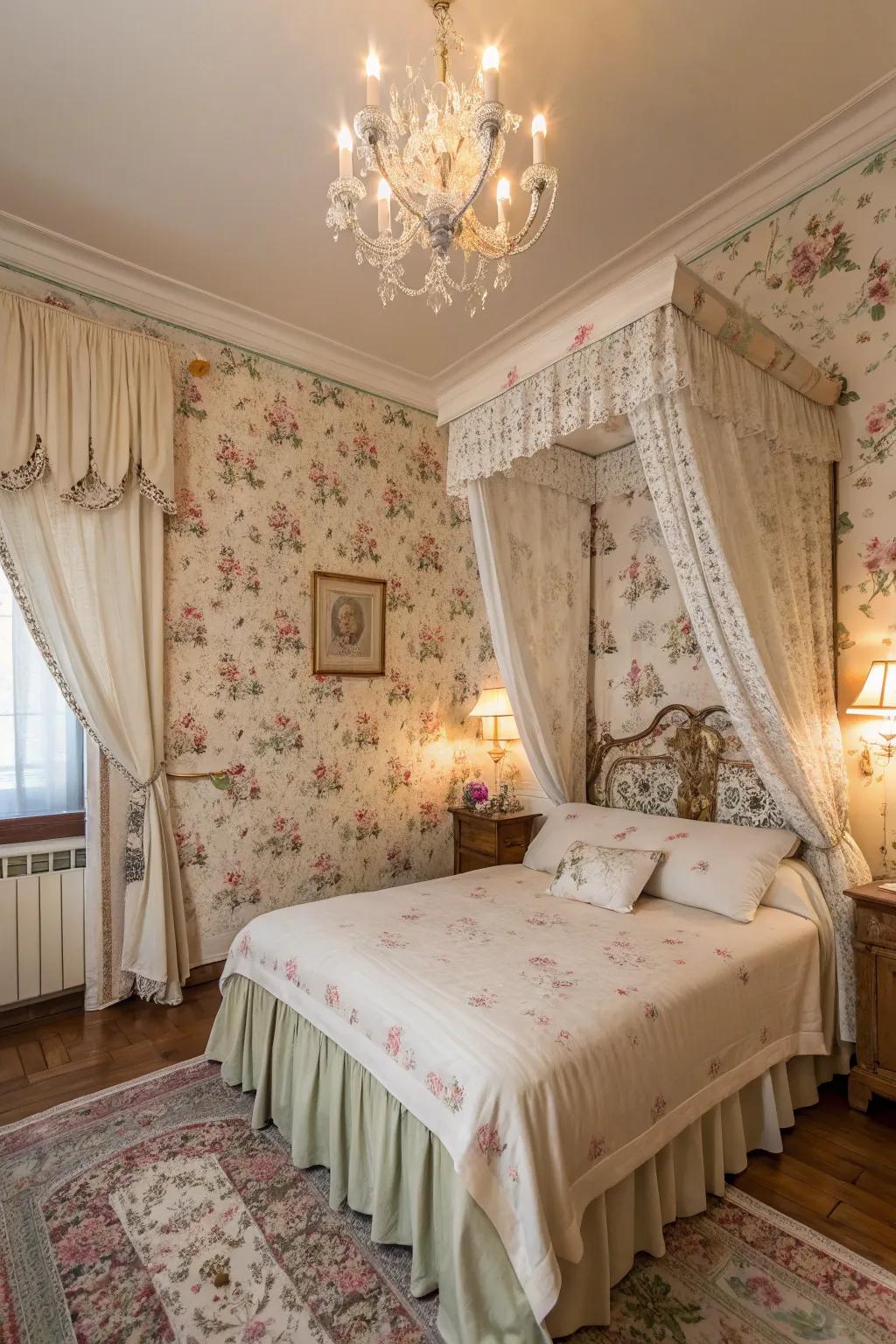 Vintage floral wallpaper evoking timeless romance.