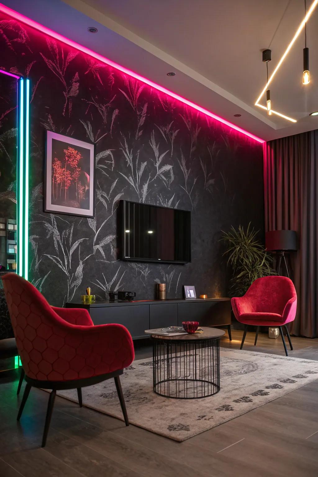 Neon-themed decor for a lively atmosphere.