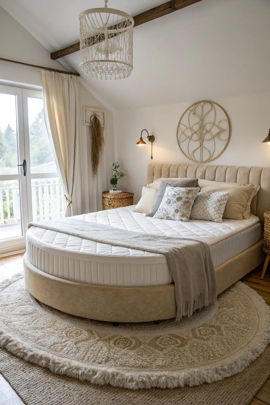 Bedroom with a circular bed frame awkwardly fitted with a rectangular mattress.