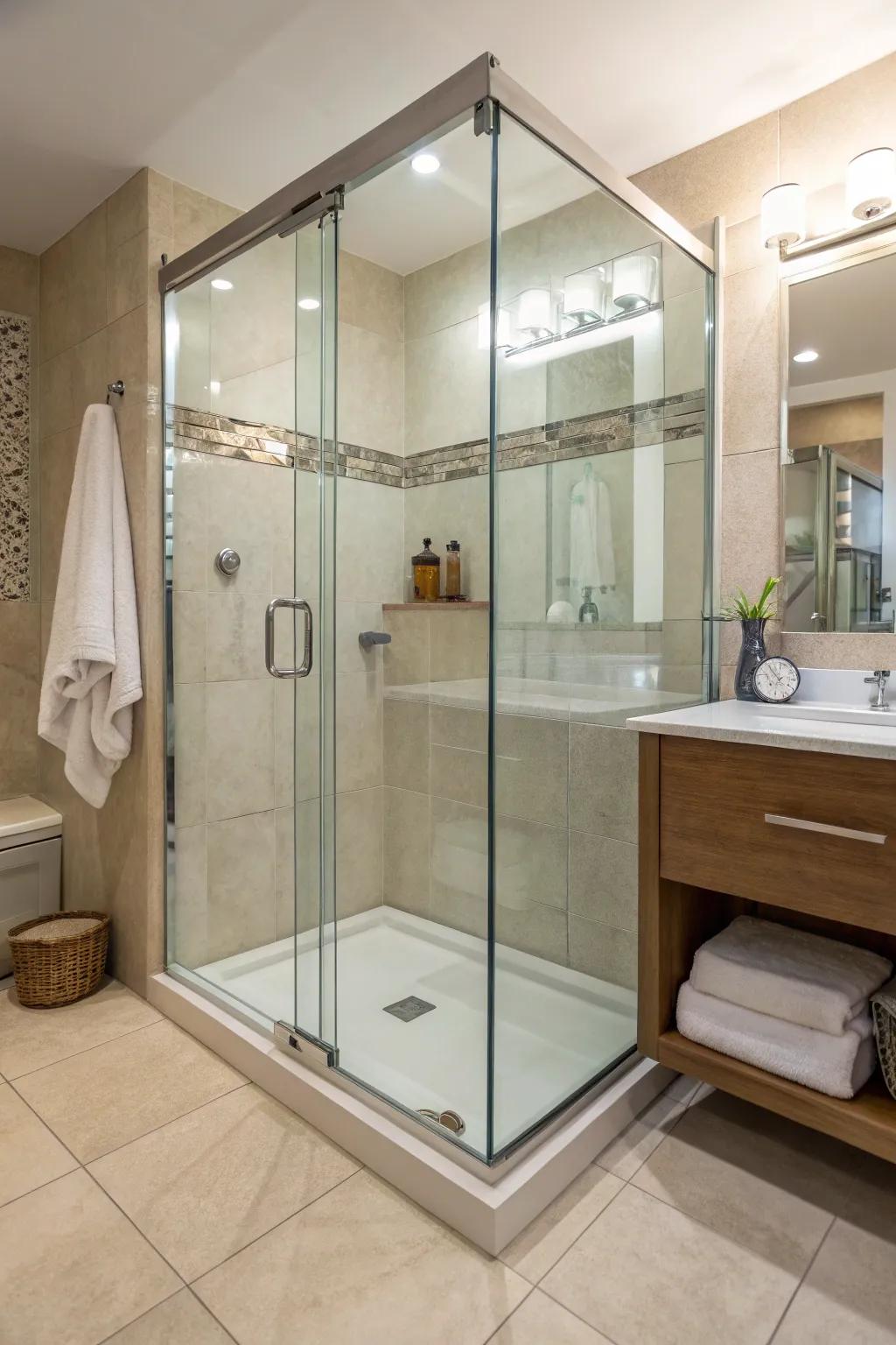 Bathroom with a fully transparent glass shower door lacking privacy.