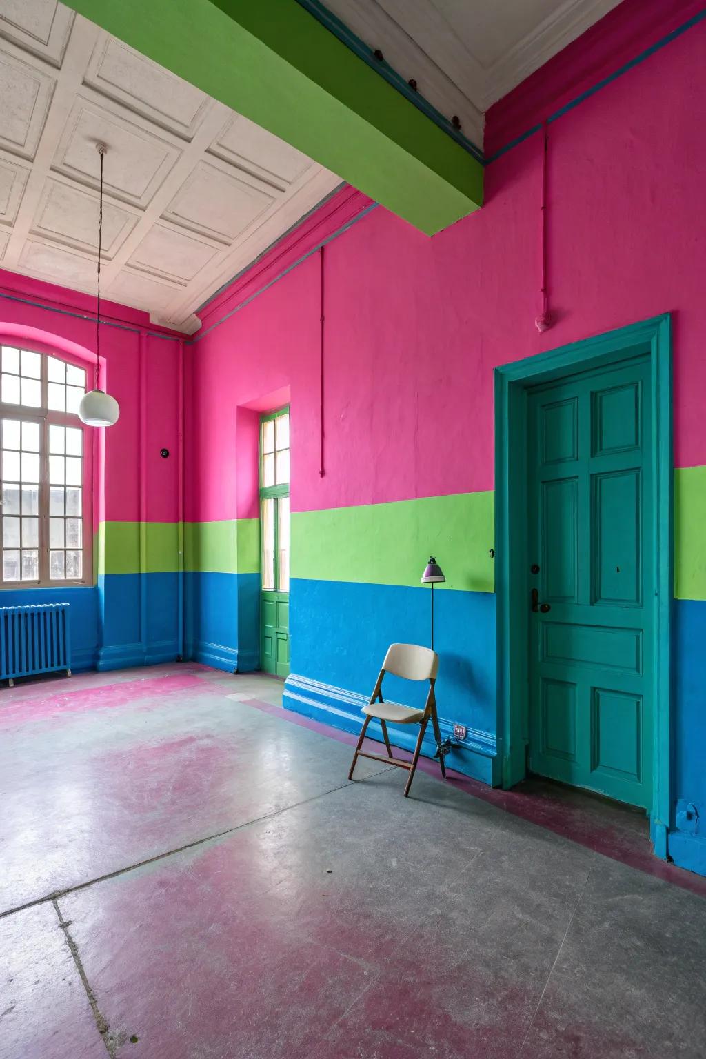 Room with a chaotic neon color scheme that clashes visually.