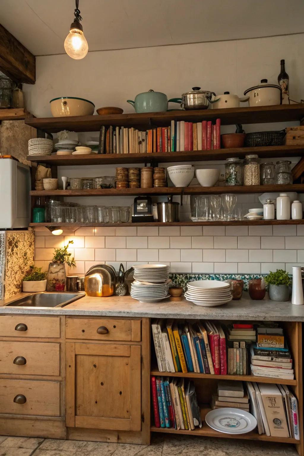 Kitchen cluttered with open shelves filled with various dusty items.