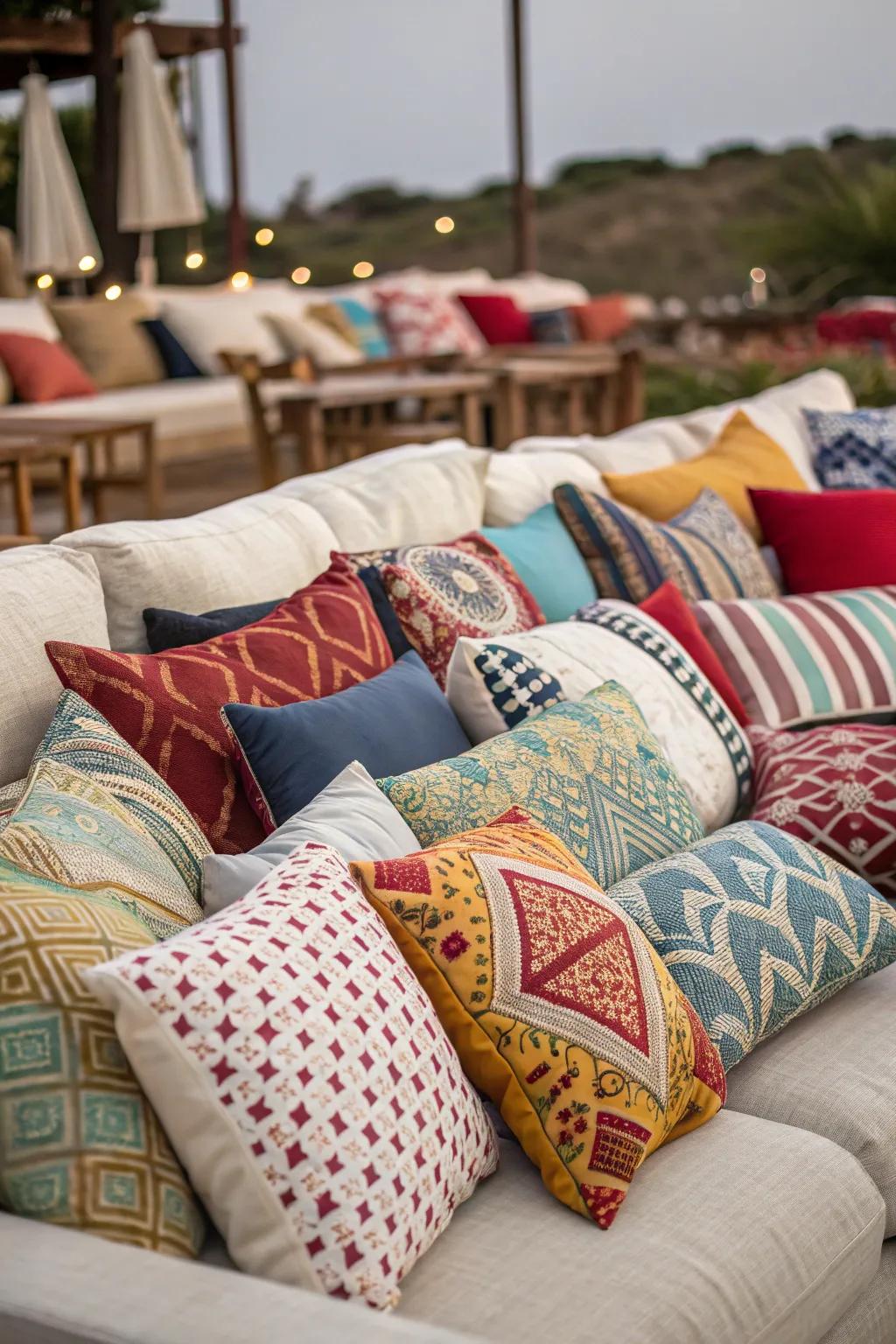 Sofa cluttered with an excessive number of decorative throw pillows.