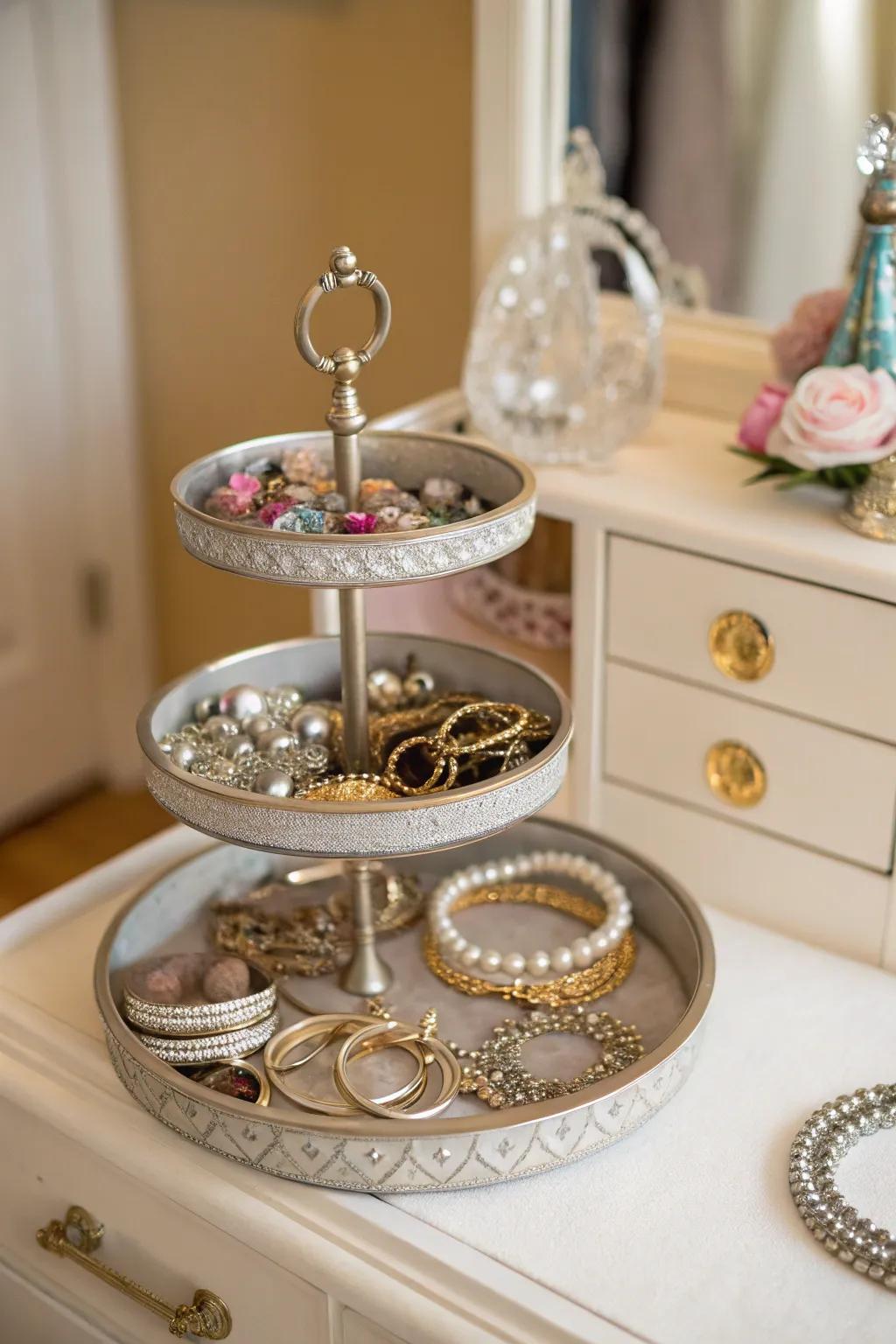 Multi-tiered tray displaying jewelry