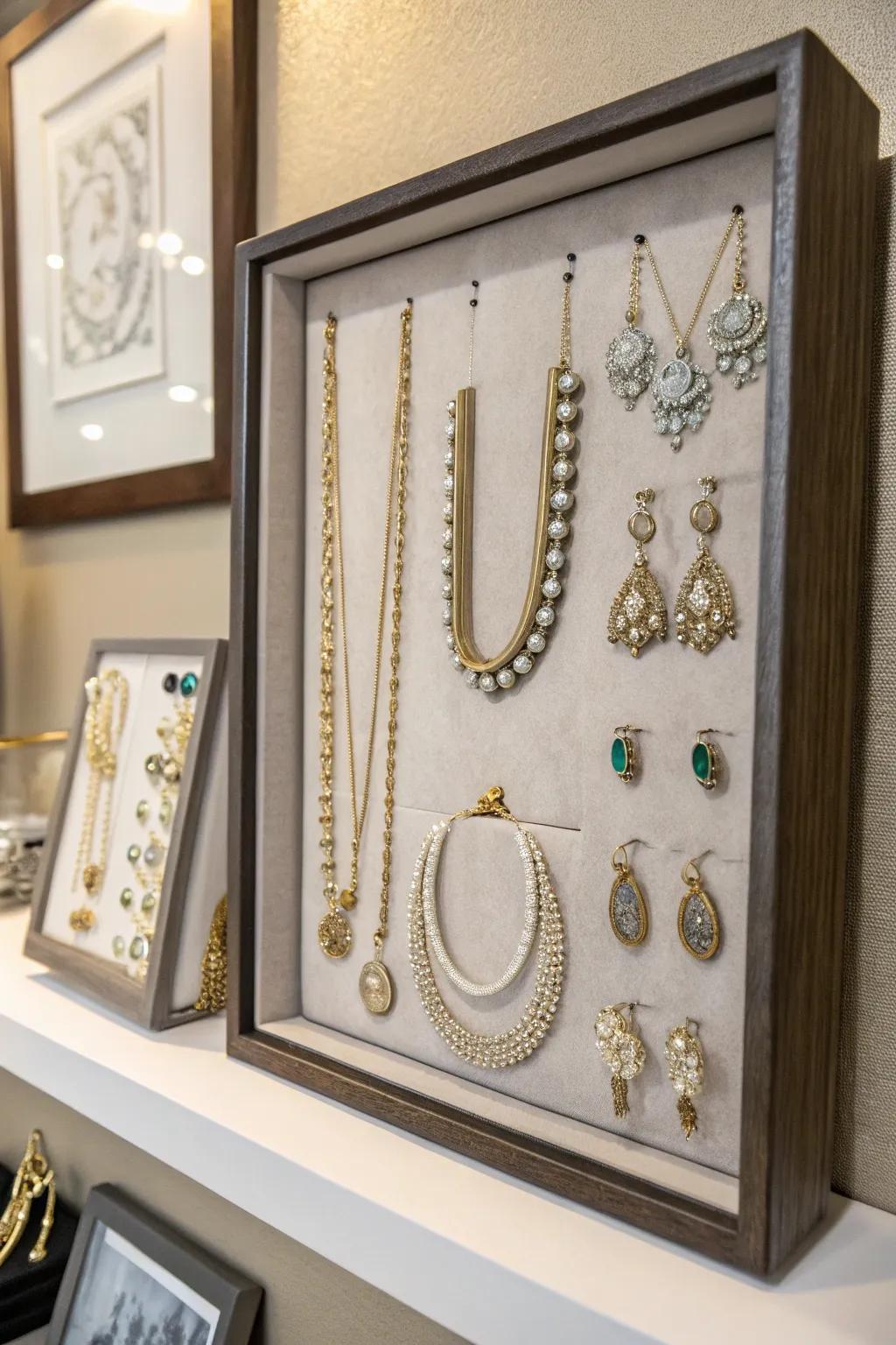 Shadow box showcasing jewelry