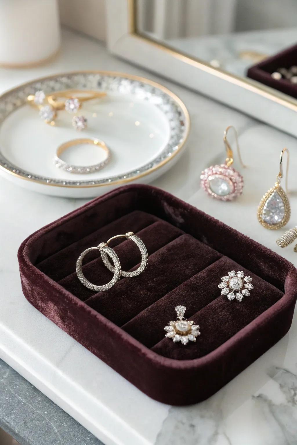 Velvet-lined tray for jewelry