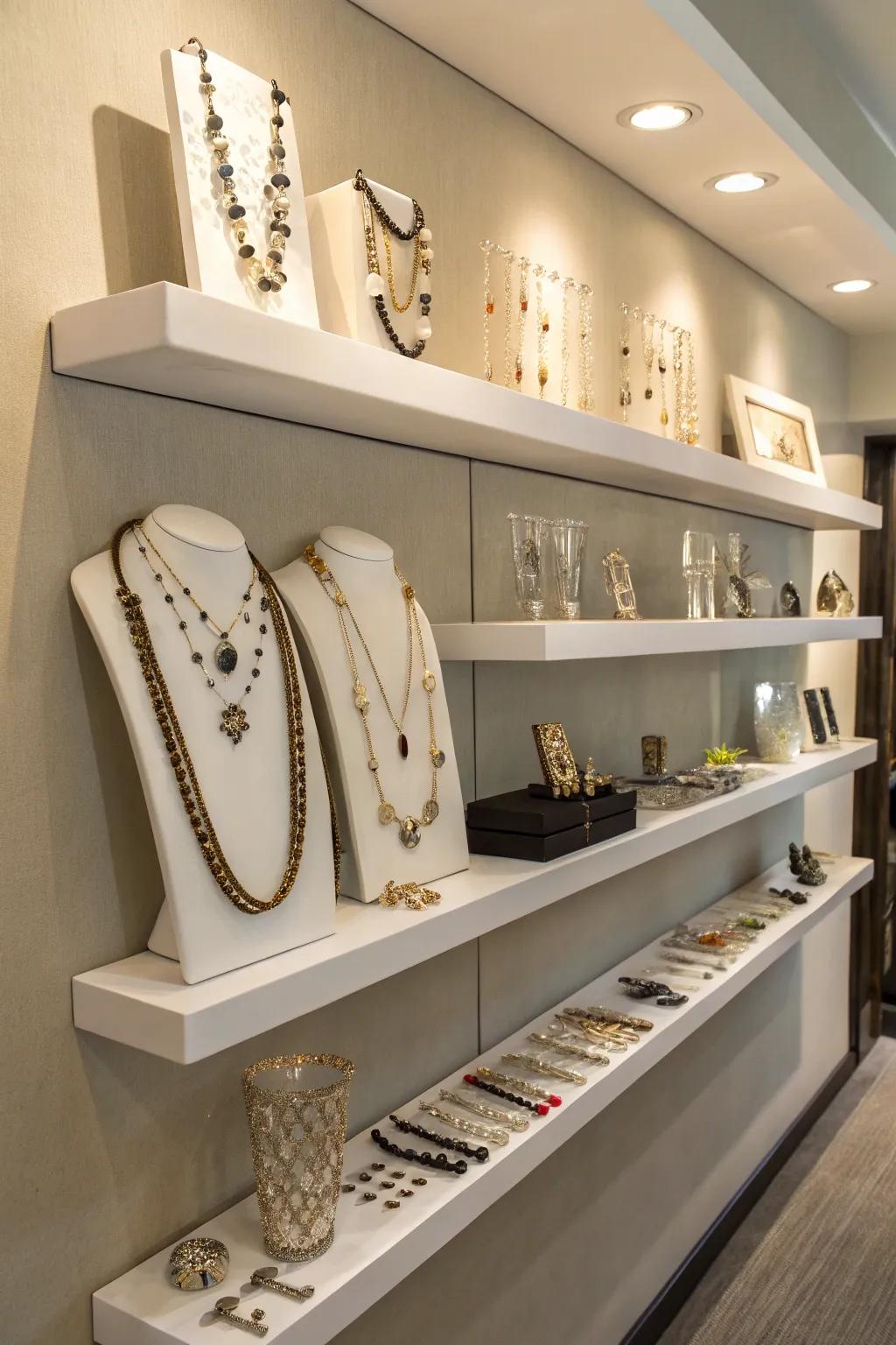 Floating shelves displaying jewelry