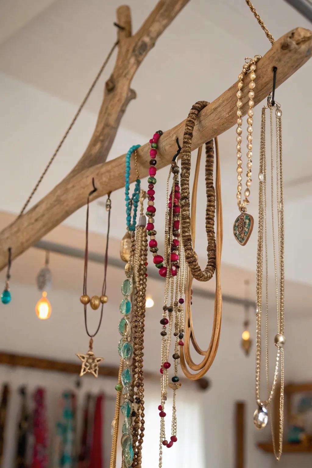 Jewelry hanging from a suspended branch
