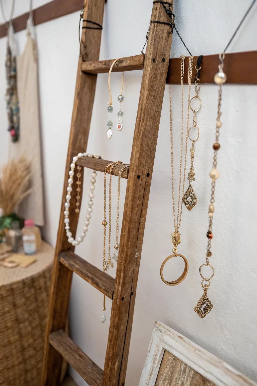 Repurposed ladder used for jewelry display