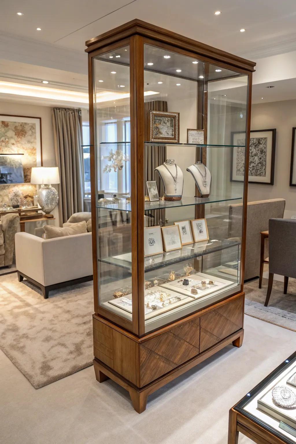 Glass and wood display case for jewelry