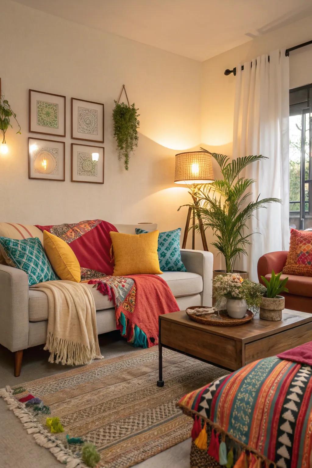 Add comfort and color with decorative pillows and throws