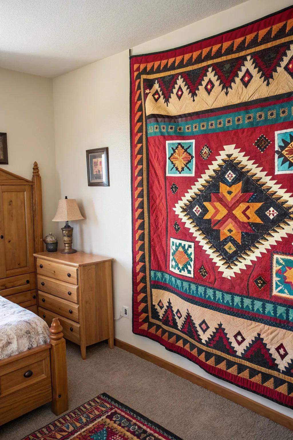 Vibrant Southwestern quilt adding warmth to a room.