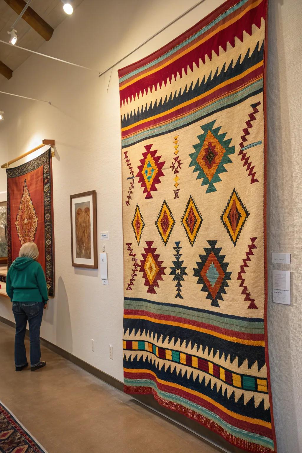 Bright woven textile featuring Southwestern motifs.