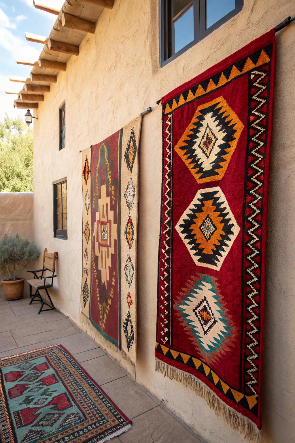 Bold Southwestern rug displayed as wall art.