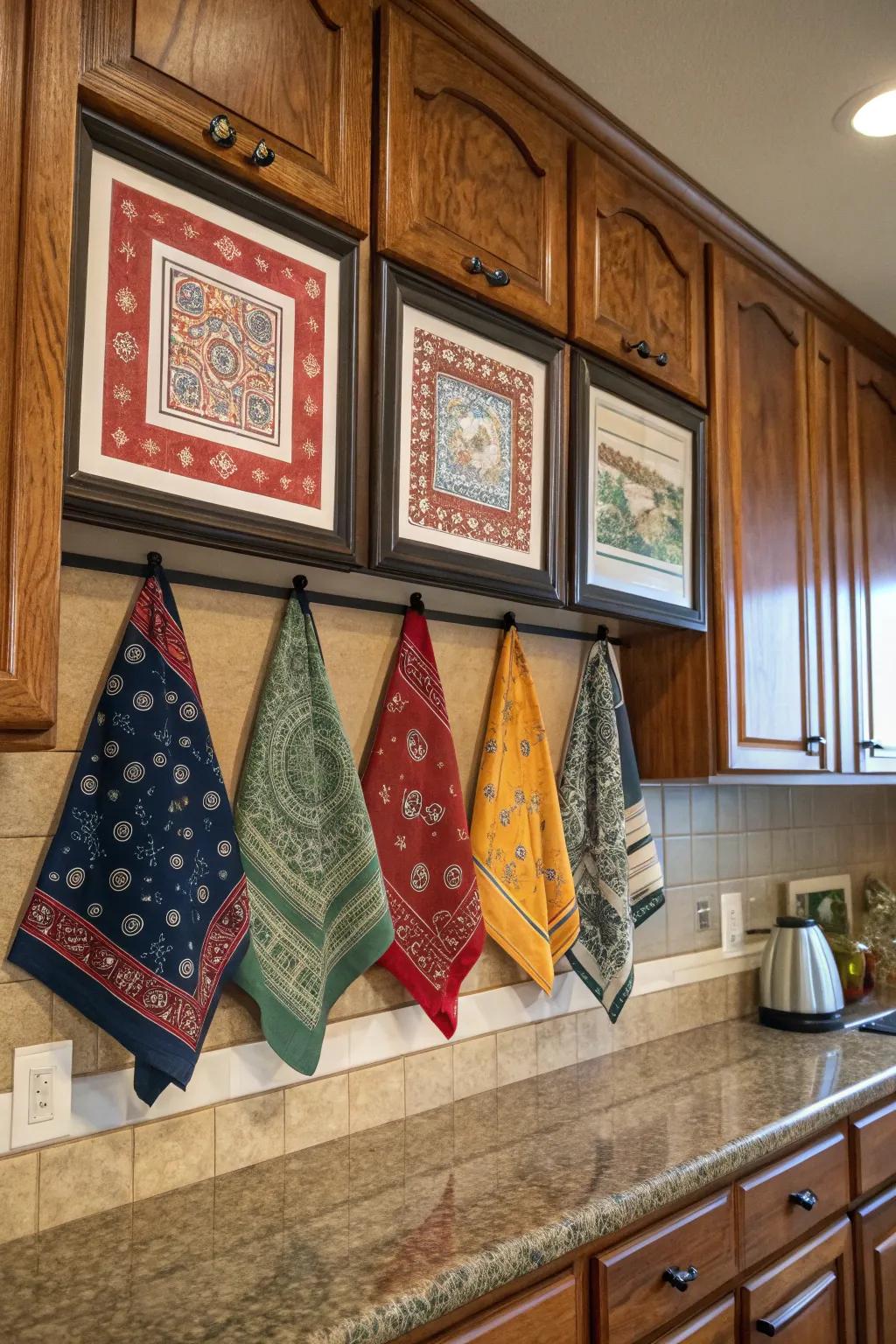 Framed vintage bandanas adding nostalgic charm.