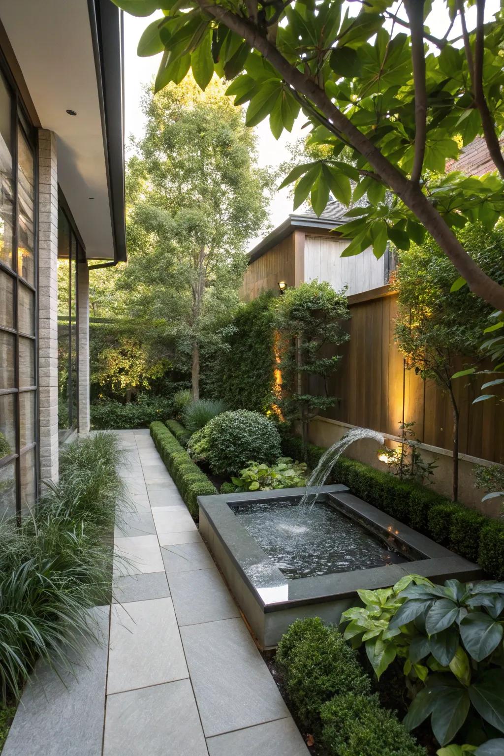 Water feature adding calm and beauty to a side yard