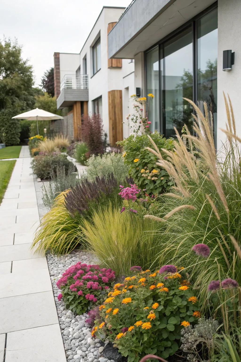 Varied plant textures creating a dynamic garden