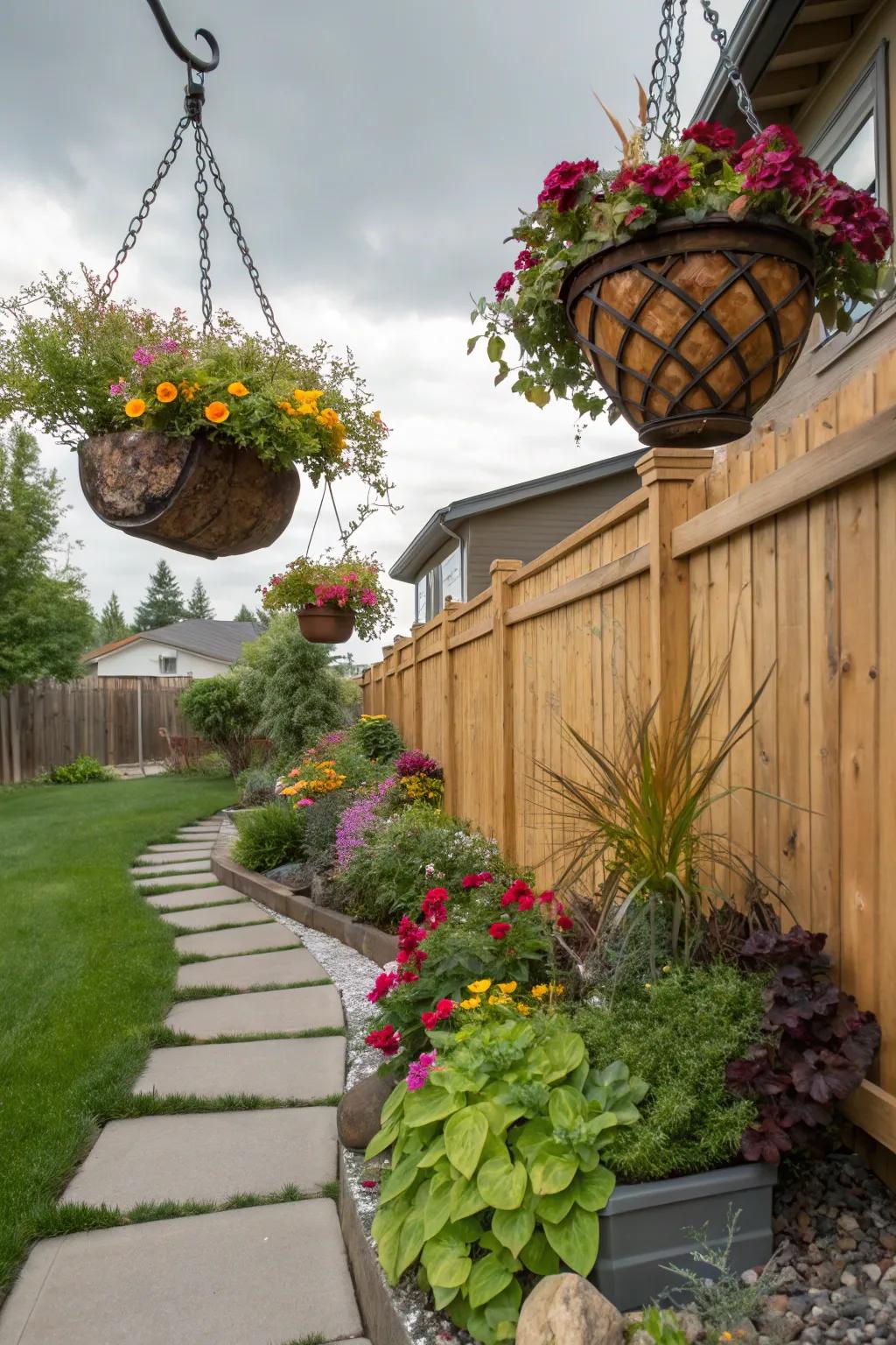Colorful hanging planters brightening a side yard