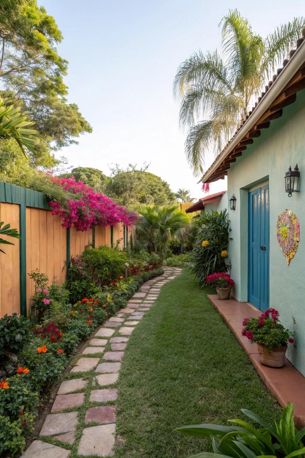 Colorful accent wall adding personality to a side yard