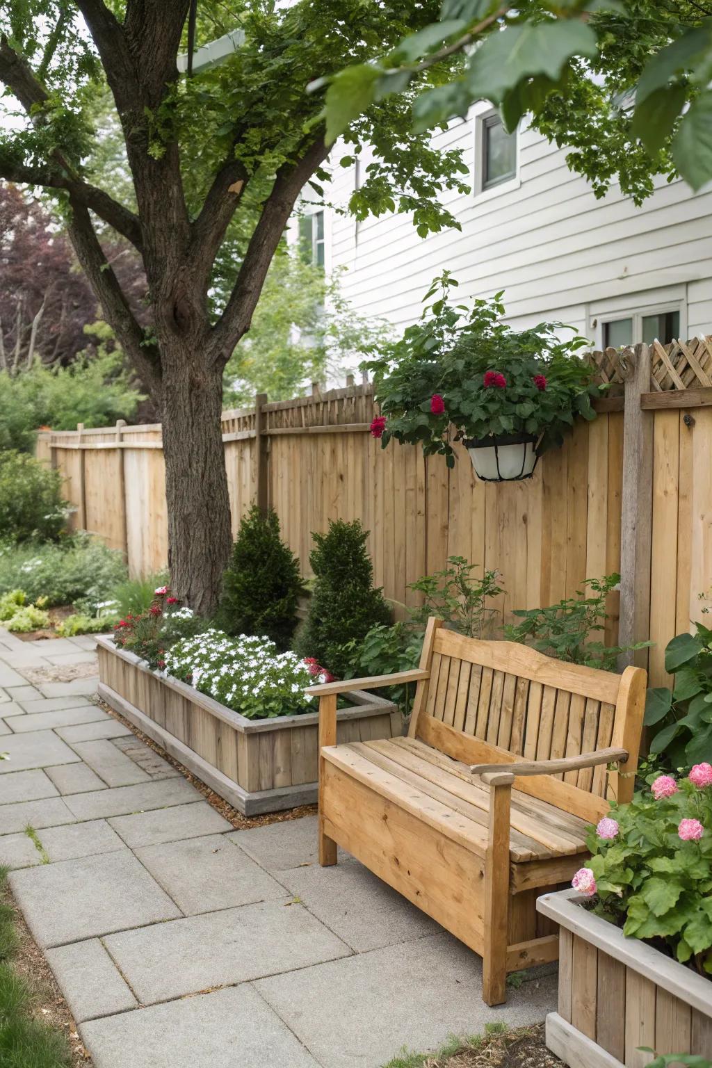 Wooden elements adding warmth and texture to a garden