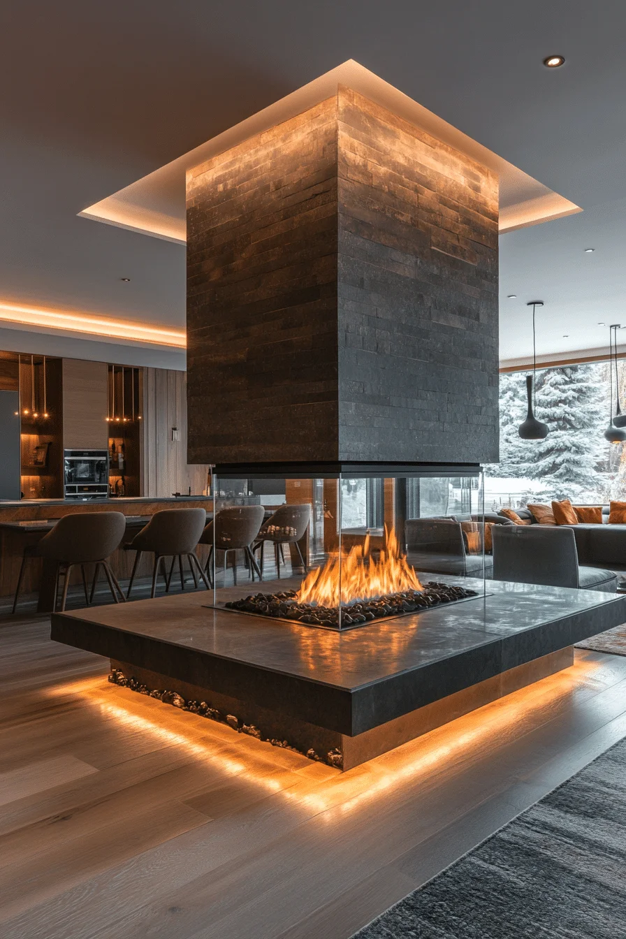 Glass-sided modern fireplace