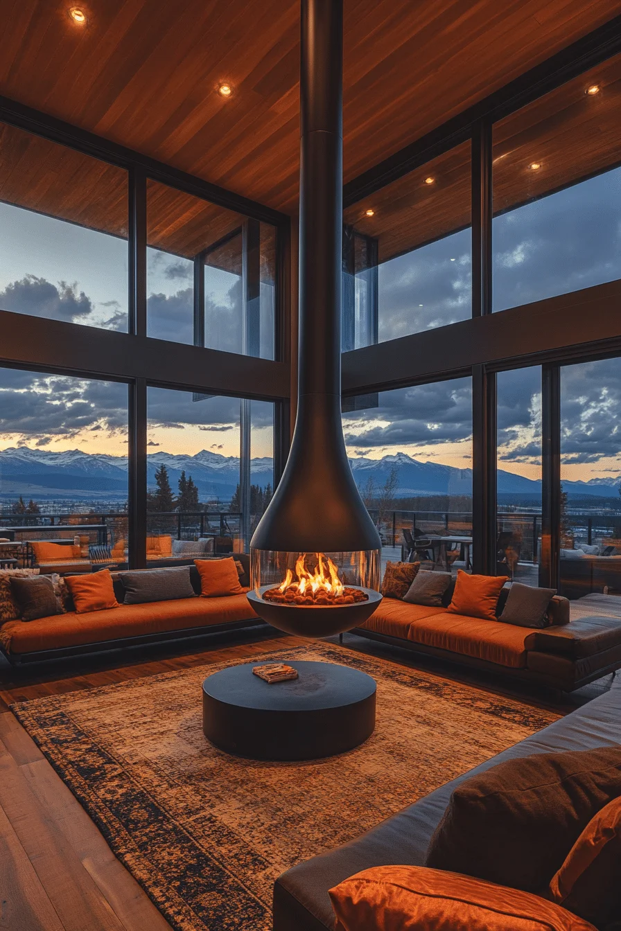 Ceiling-mounted floating fireplace