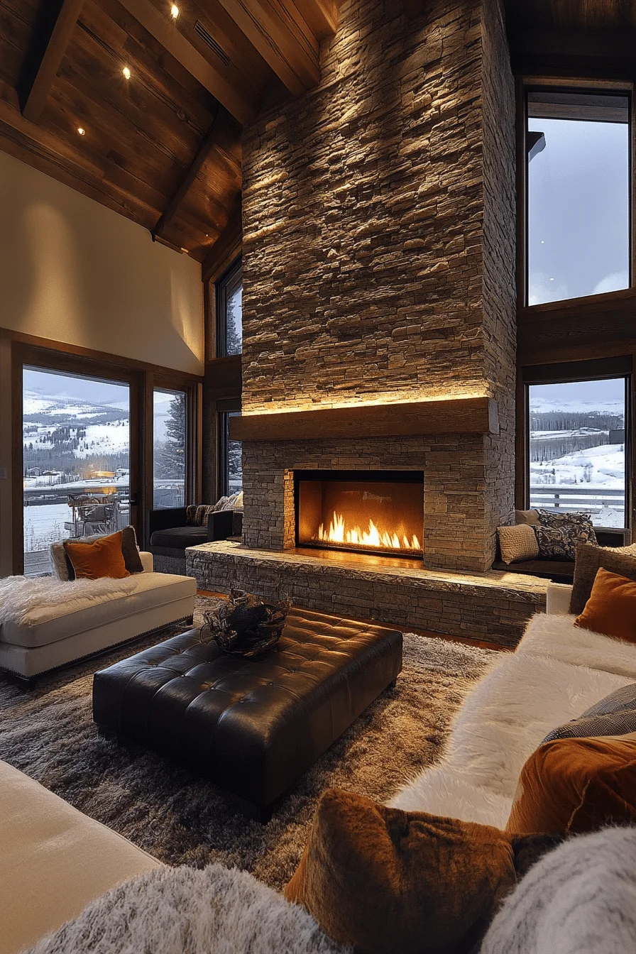 Stone veneer fireplace
