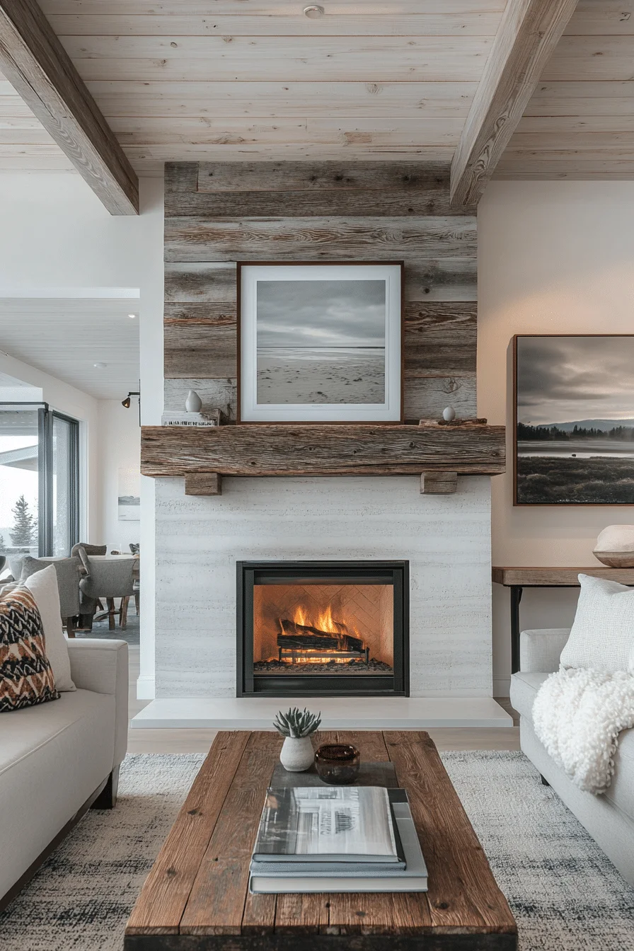 Fireplace with reclaimed wood mantel