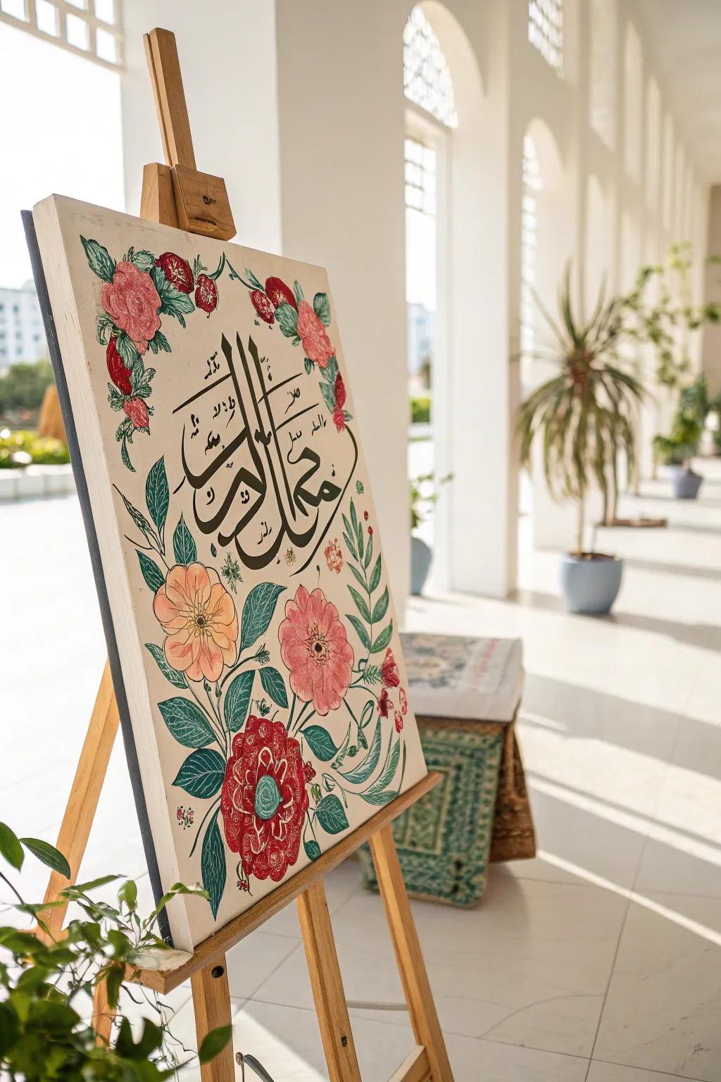 Floral designs combined with Arabic calligraphy create vibrant art.