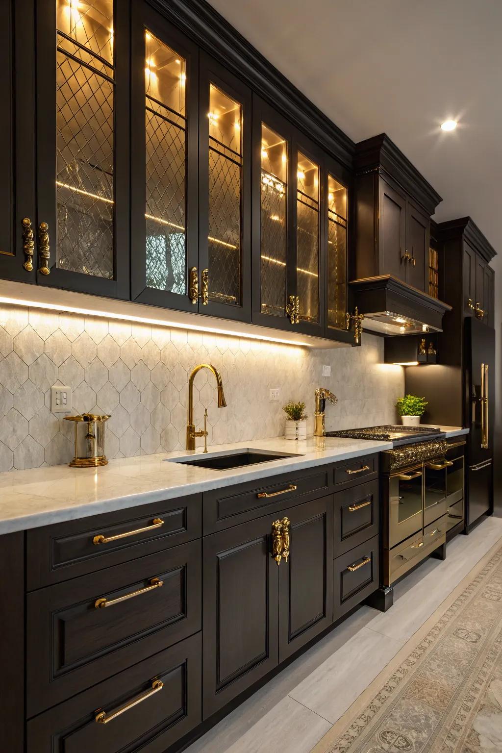 Dark kitchen cabinets accented with gold hardware for a luxurious feel.