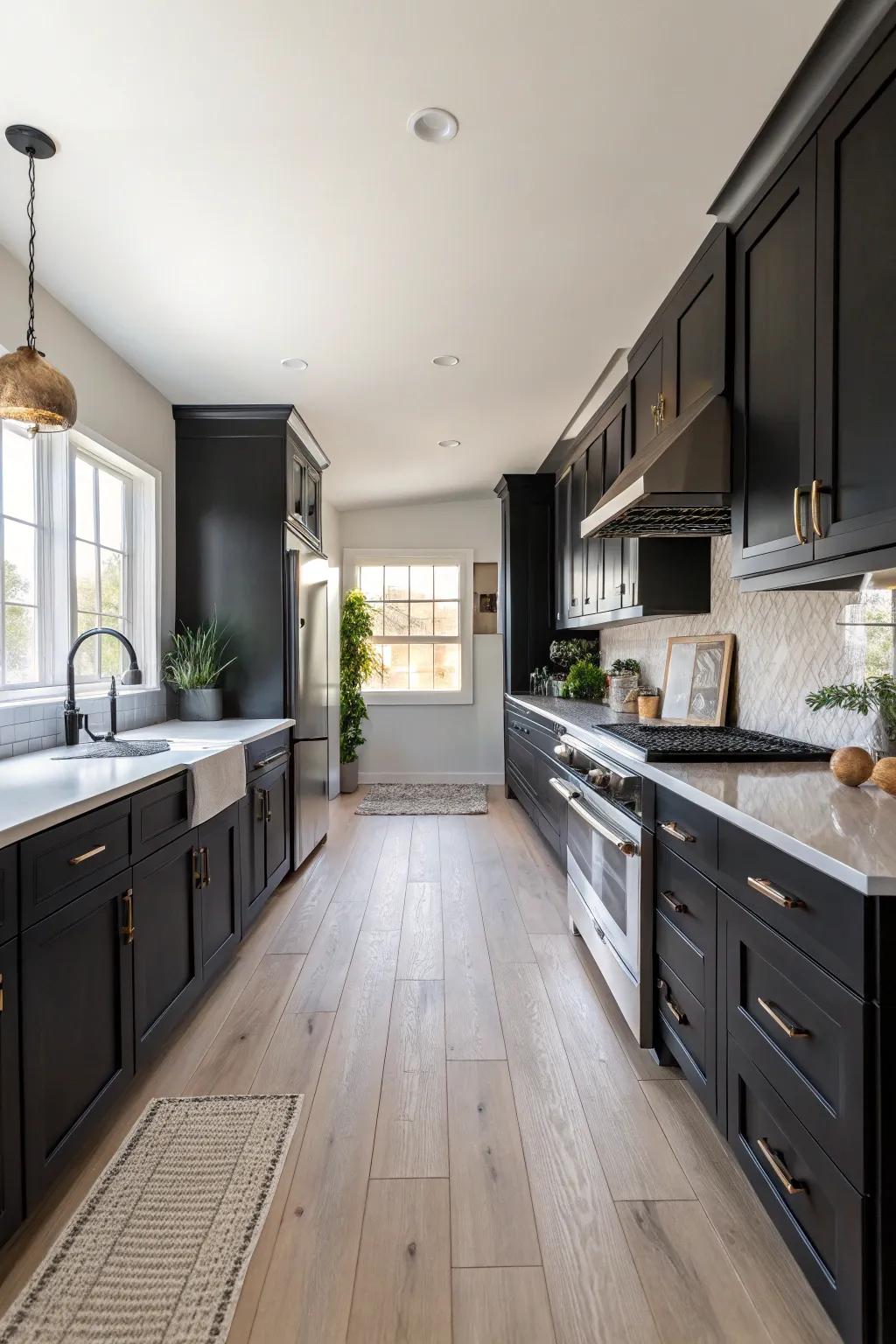 Kitchen featuring dark cabinets paired with light wood flooring for a fresh look.