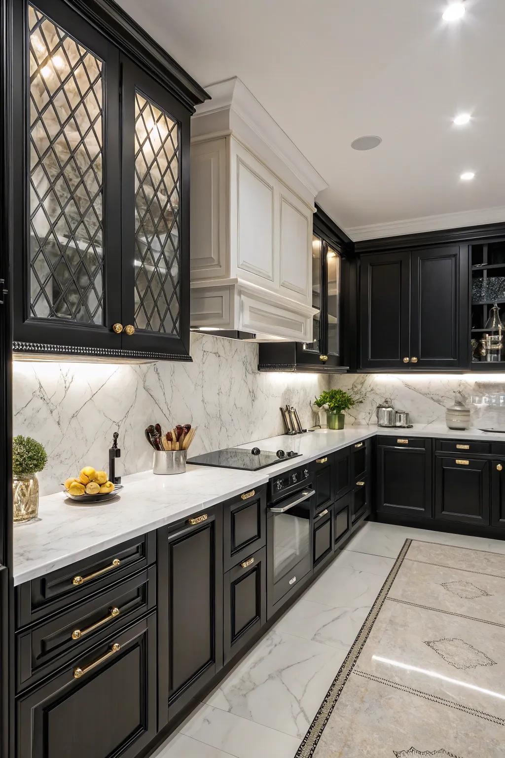 Elegant kitchen showcasing a black and white theme with dark cabinets.