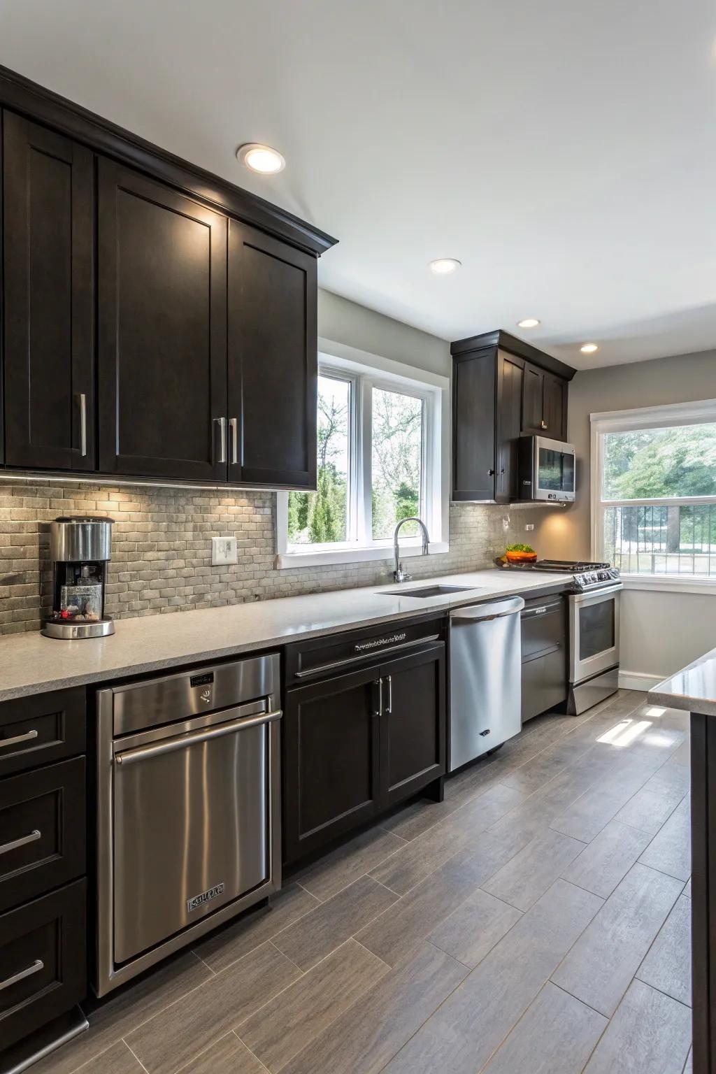 Modern kitchen with dark cabinets and stainless steel appliances.