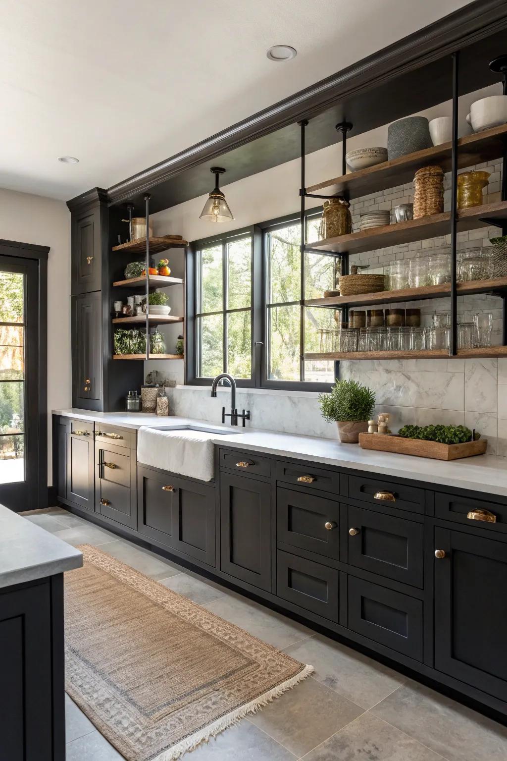 Dark cabinets complemented by open shelving for a spacious kitchen feel.
