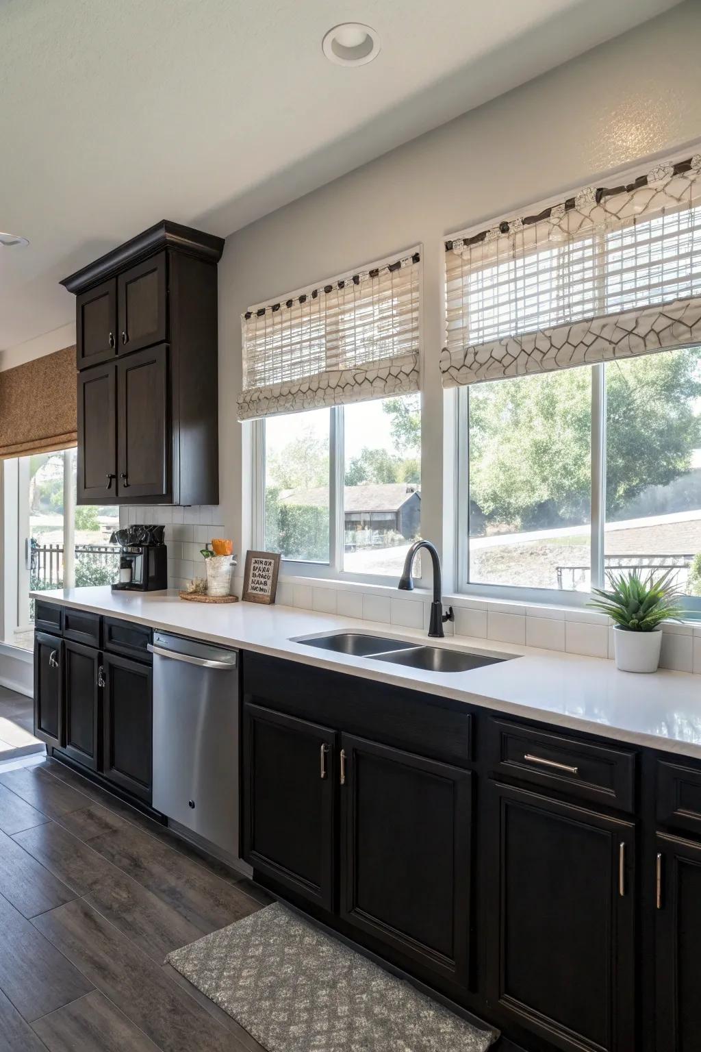 Dark cabinets highlighted by abundant natural light in a welcoming kitchen.